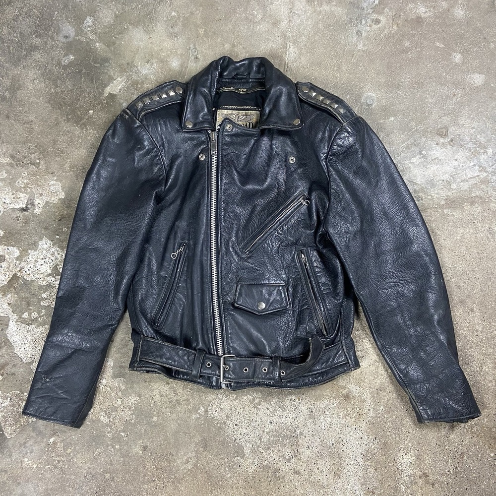 Vintage 90s Open Road Double Rider Motorcycle Jacket Black Leather Paisley Lined